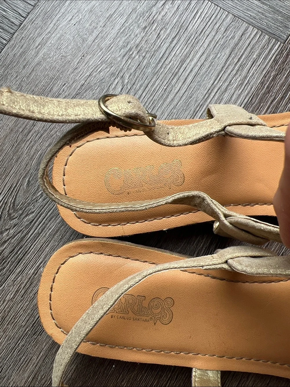 Gold Embellished T-Strap Sandals with Crystal Accents Size 8M